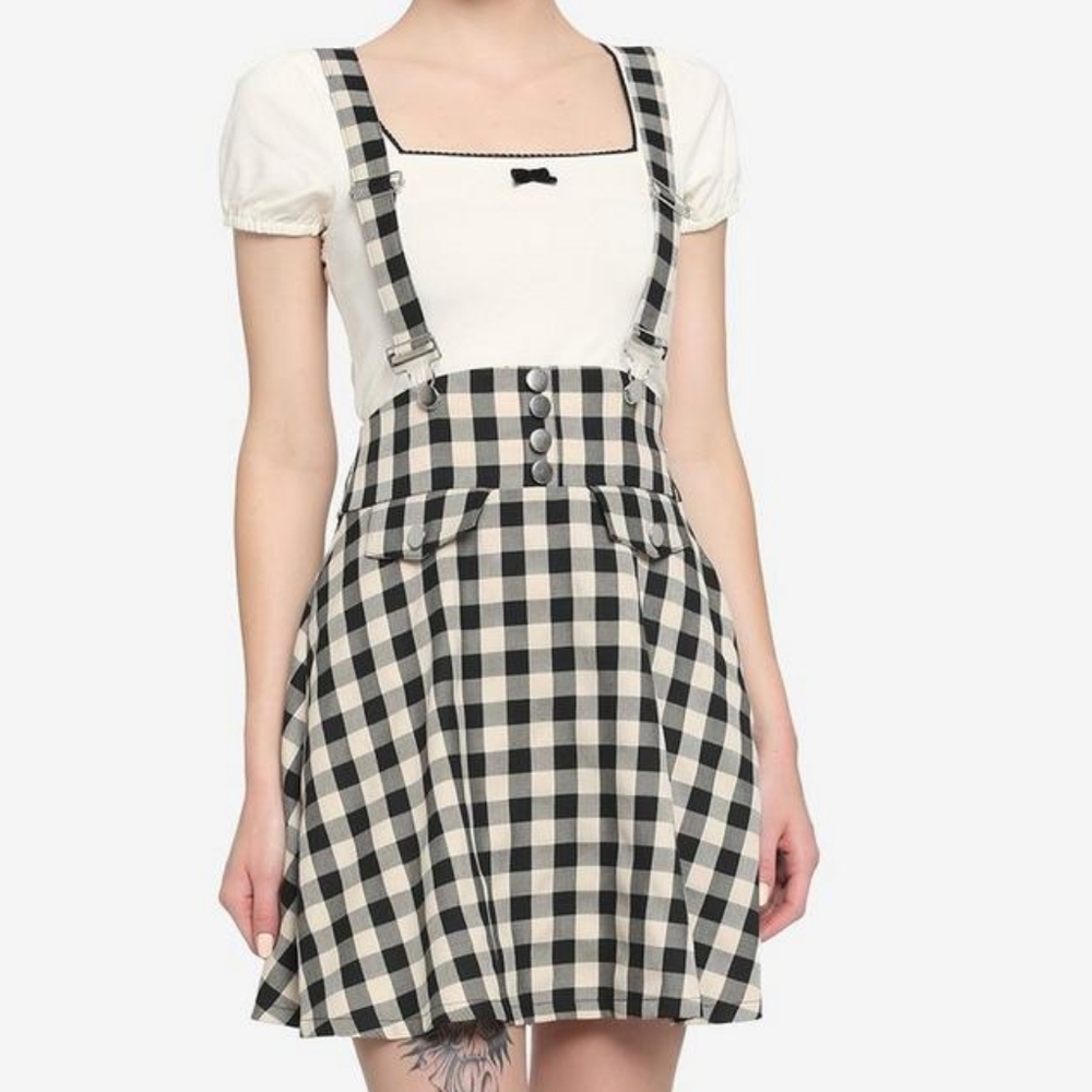 Ivory & Black Plaid Bow Suspender Skirt